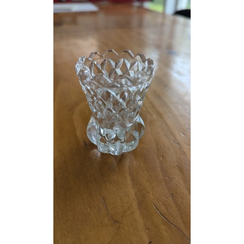 Vintage Cut Lead Crystal Toothpick Holder Sawtooth Rim Starburst Base Clear 2.5